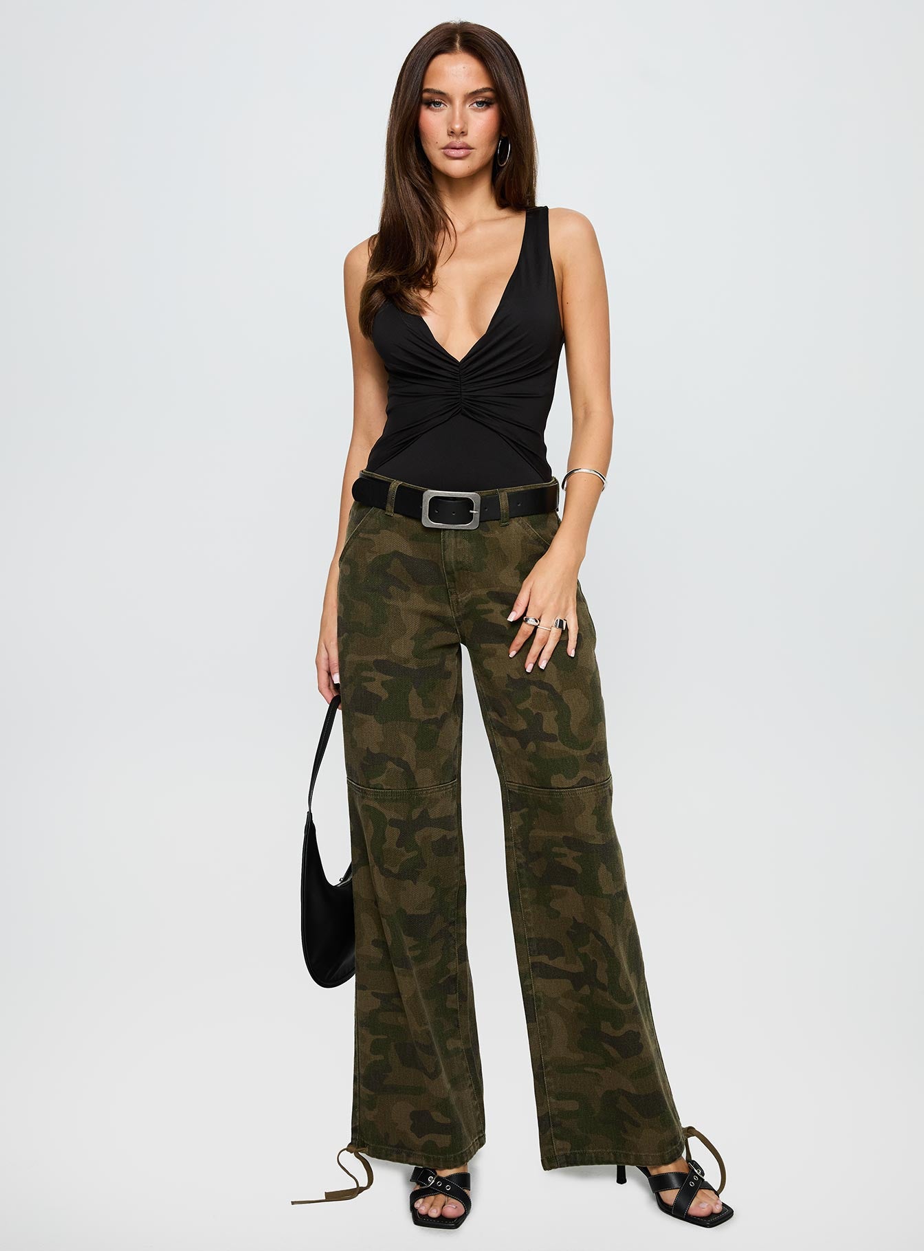 front view of model wearing Princess Polly Midnight In Paris Backless Bodysuit Black Sleeveless 