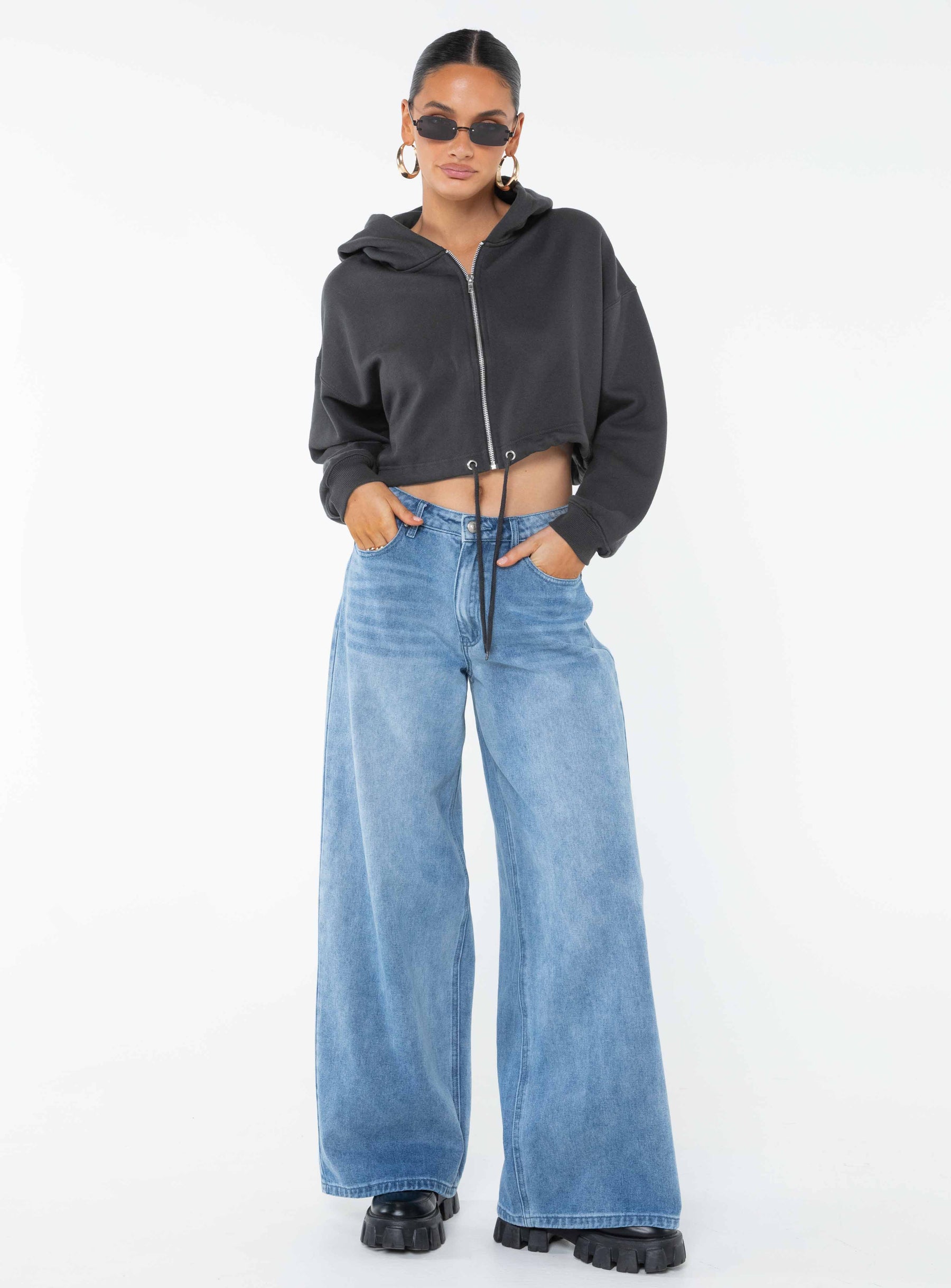 back view of model wearing Princess Polly Samwell Cropped Zip Up Hoodie Black Sand Cropped 