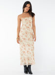 Floral strapless maxi dress Inner silicone strip at bust, lace up back with tie fastening, invisible zip fastening