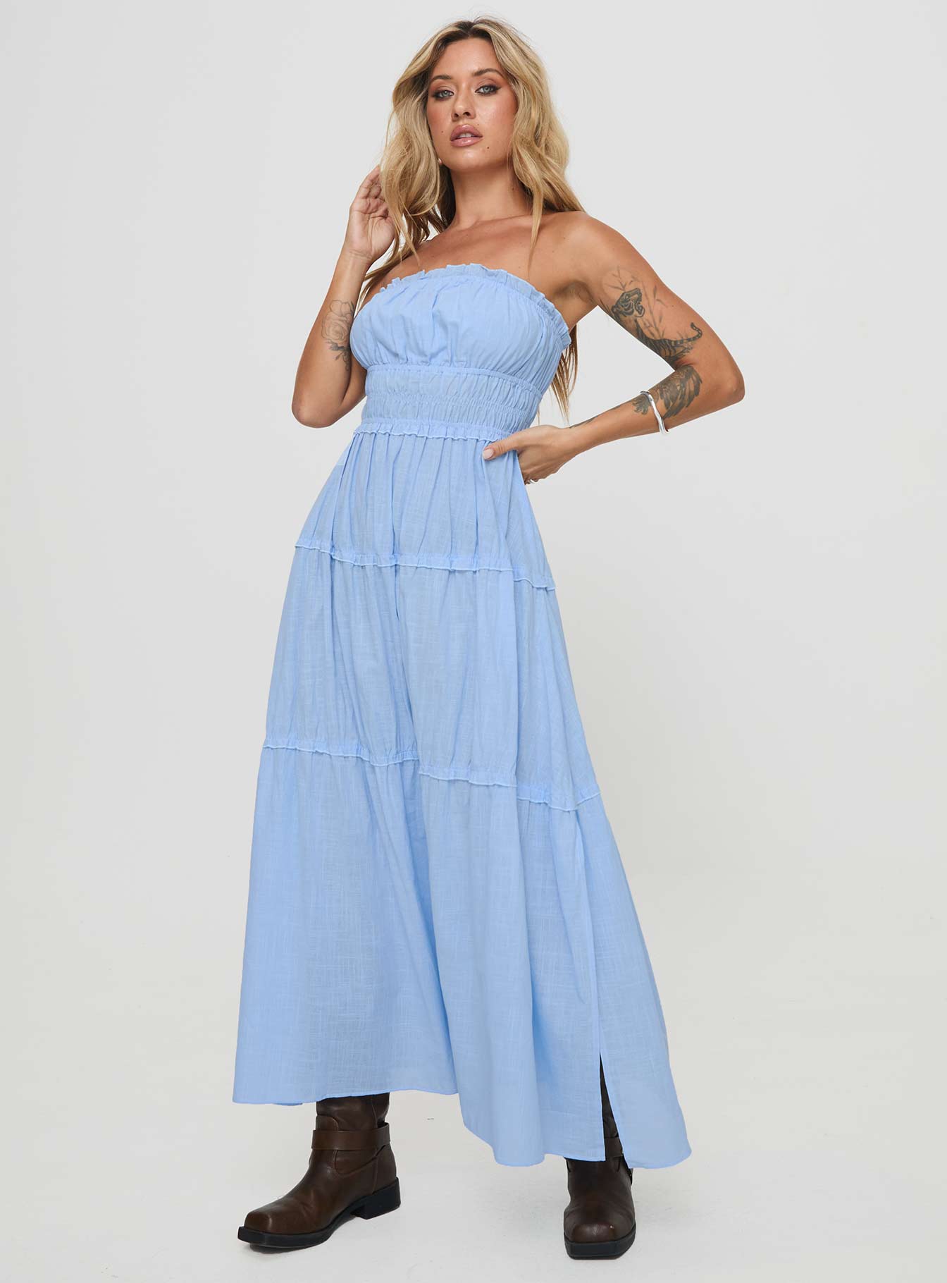 front view of model wearing Princess Polly Minogue Maxi Dress Blue Straight Neck 