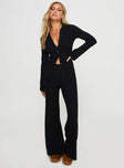 Matching rib-knit set Long sleeve top, classic collar, button fastening at front High-rise pants, thick elasticated waistband, wide leg
