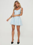 front view of model wearing Princess Polly Gozette Mini Dress Blue Floral Sweetheart Neckline 