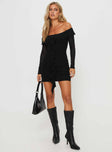 front view of model wearing Princess Polly Navaro Off The Shoulder Mini Dress Black Straight Neck 