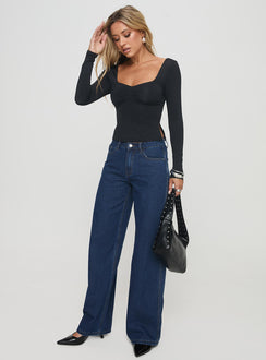 side view of model wearing Princess Polly Rehna Long Sleeve Top Black Full Sleeves Sweetheart 