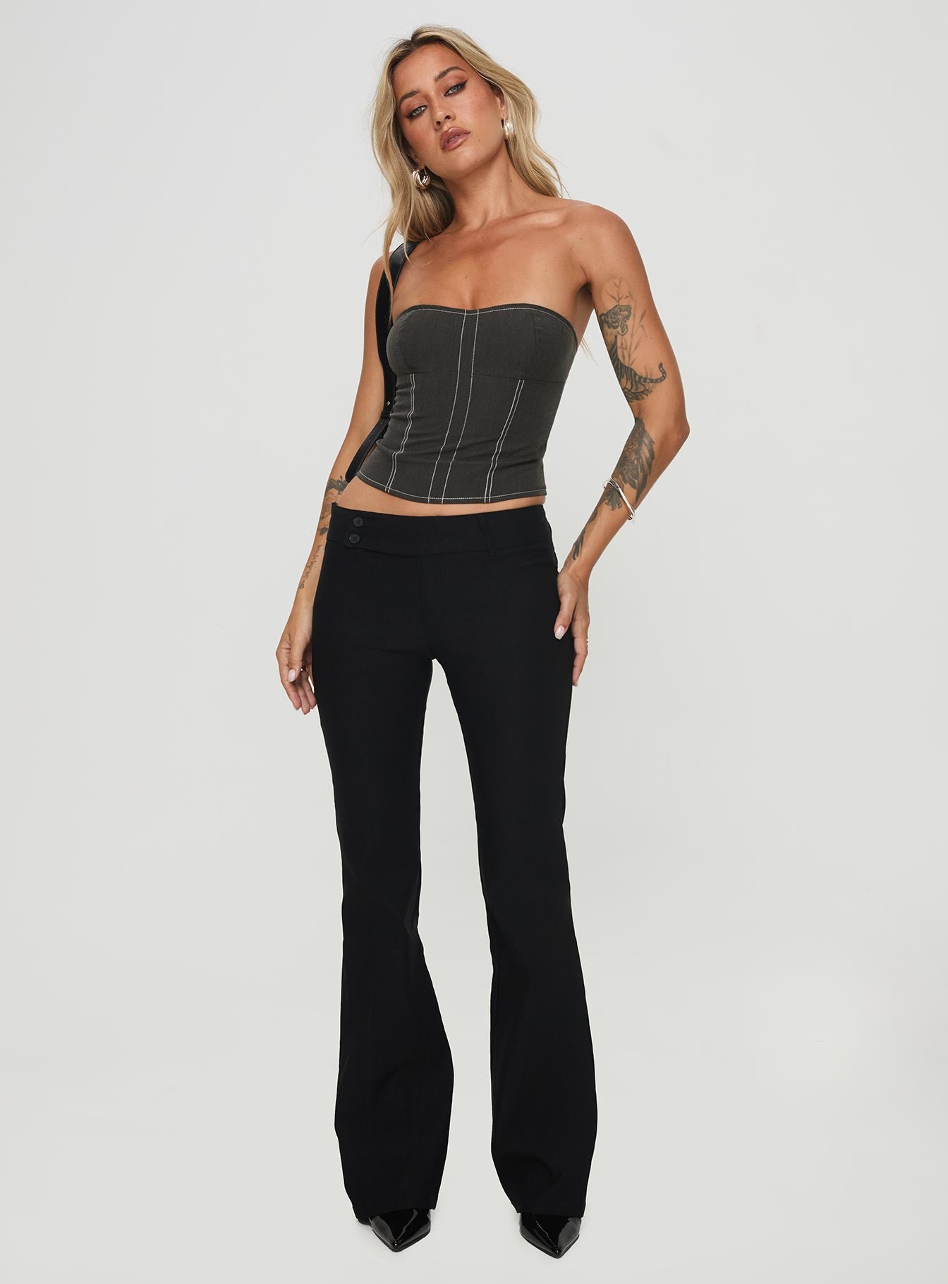 front view of model wearing Princess Polly Vacke Strapless Top Grey Sleeveless Sweetheart 