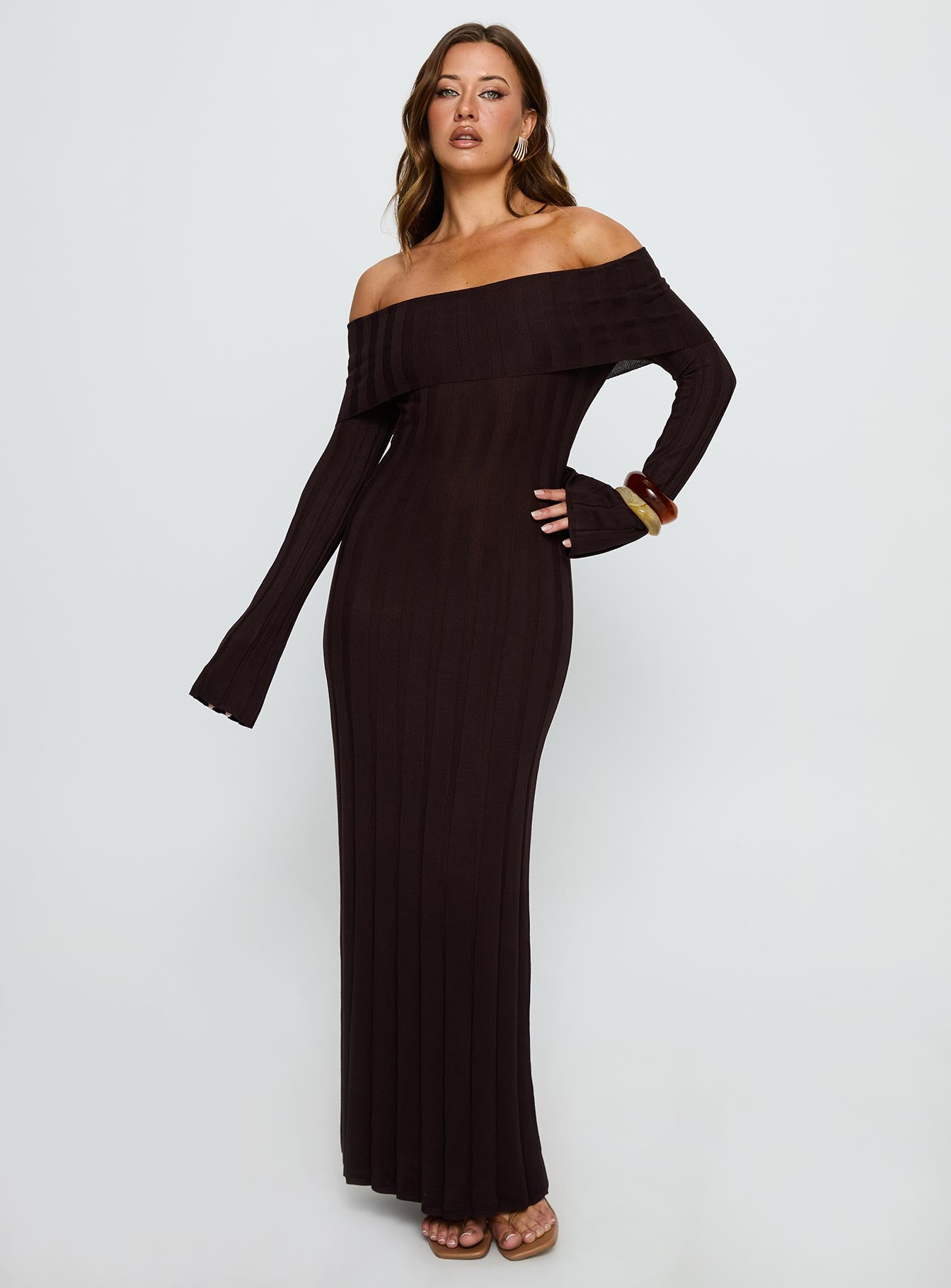 Ellouisa Long Sleeve Rib Maxi Dress Chocolate | Princess Polly Ellouisa Long Sleeve Rib Maxi Dress Chocolate | Princess Polly