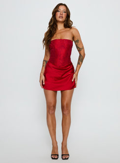 Jenevieve Strapless Drape Mini Dress Red