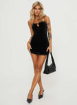 front view of model wearing Princess Polly Rishan Velvet Mini Dress Black Square Neck 