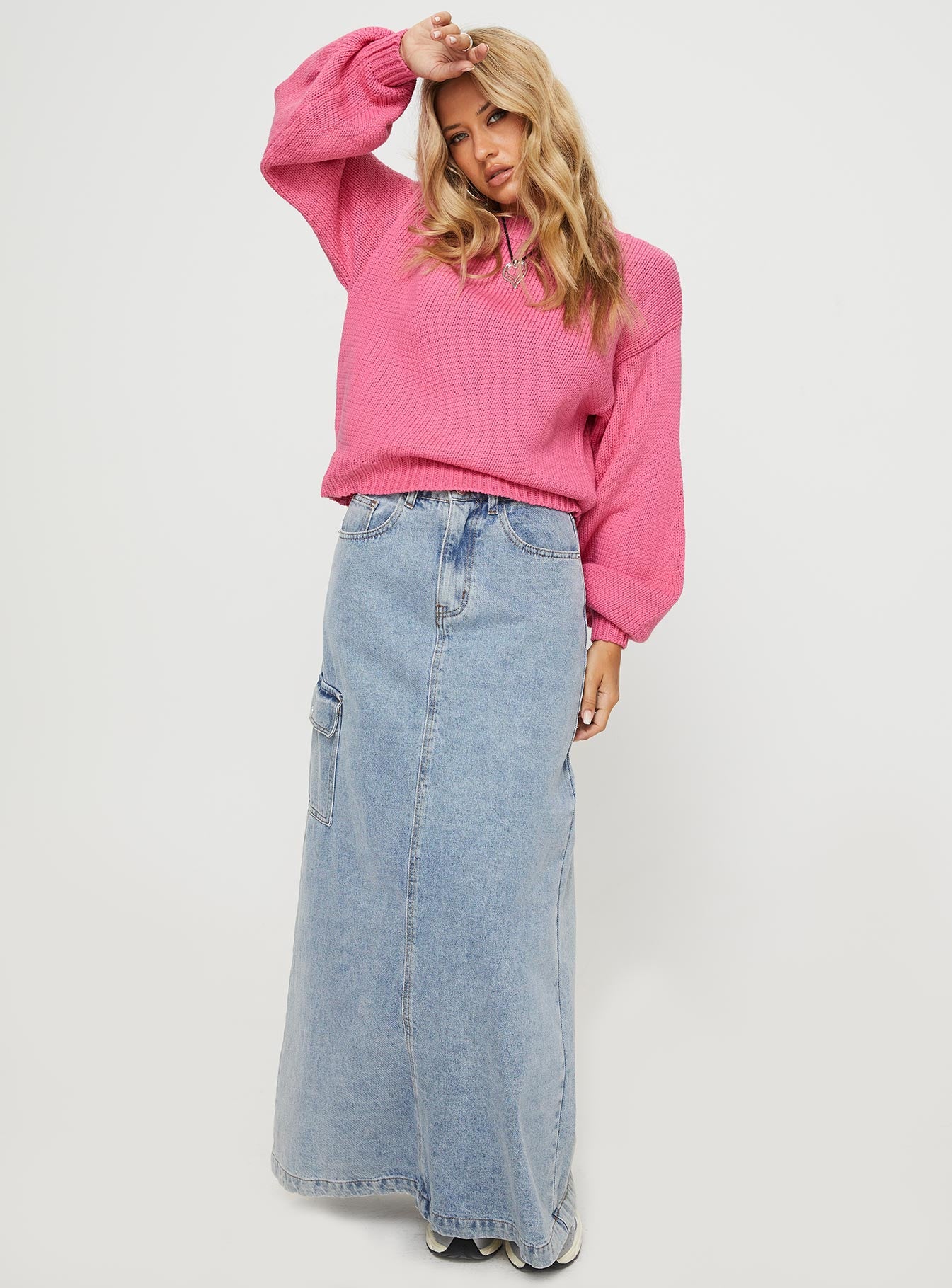 side view of model wearing Princess Polly Harmony Knit Sweater Pop Pink regular 