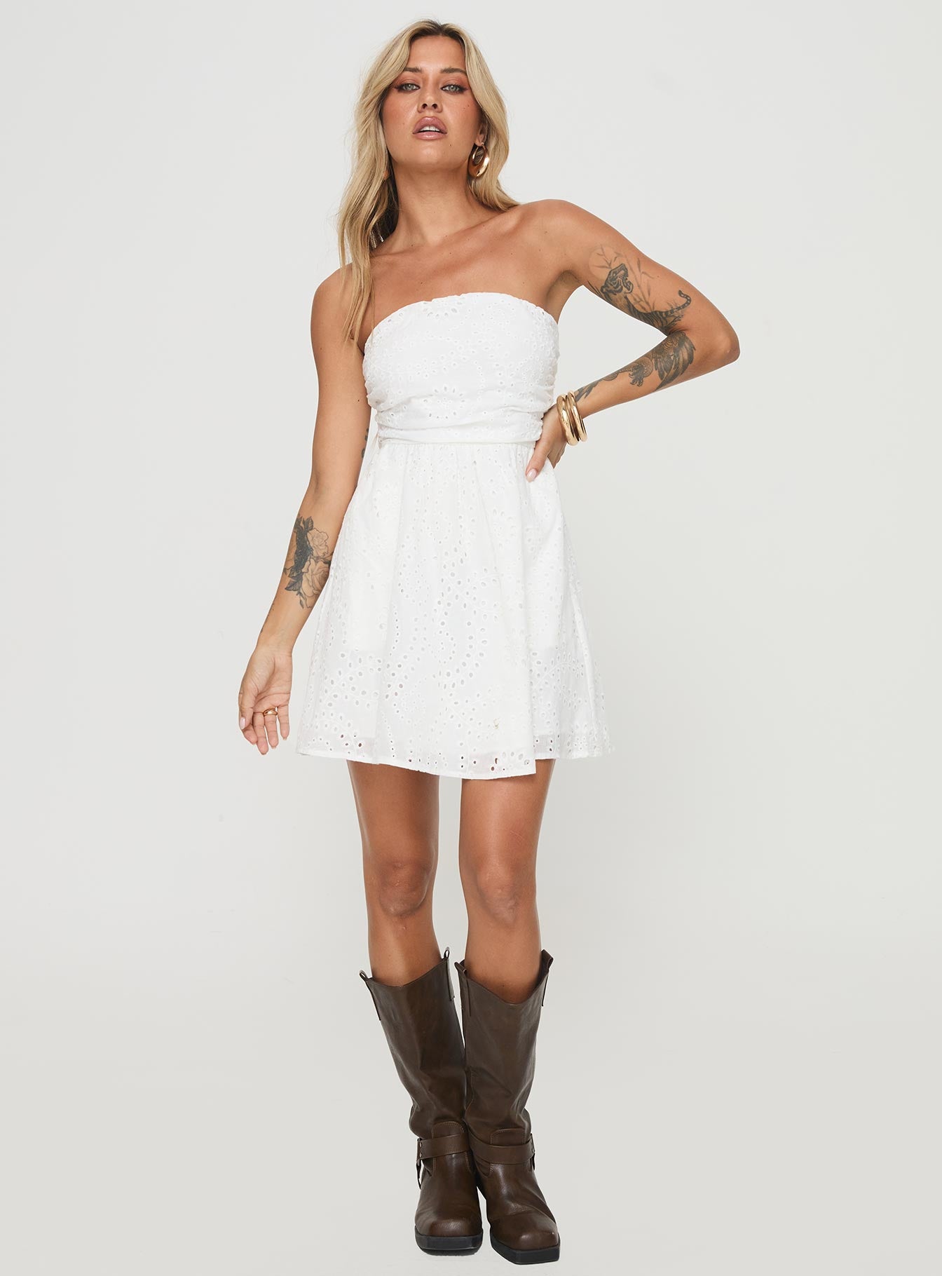 front view of model wearing Princess Polly Halleck Strapless Mini Dress White Straight Neck 