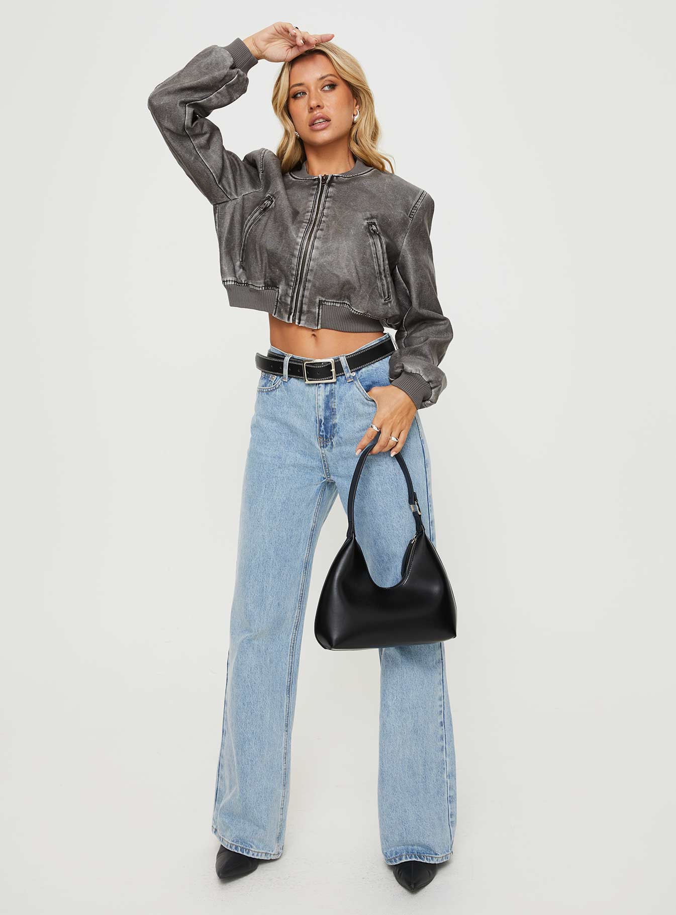 Faux leather bomber jacket High neckline, zip fastening, twin hip pockets, elasticated waistband and cuff Non-stretch material, fully lined 