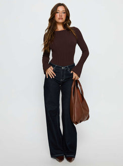 front view of model wearing Princess Polly Mayok Long Sleeve Bodysuit Brown Long Sleeve Tops 