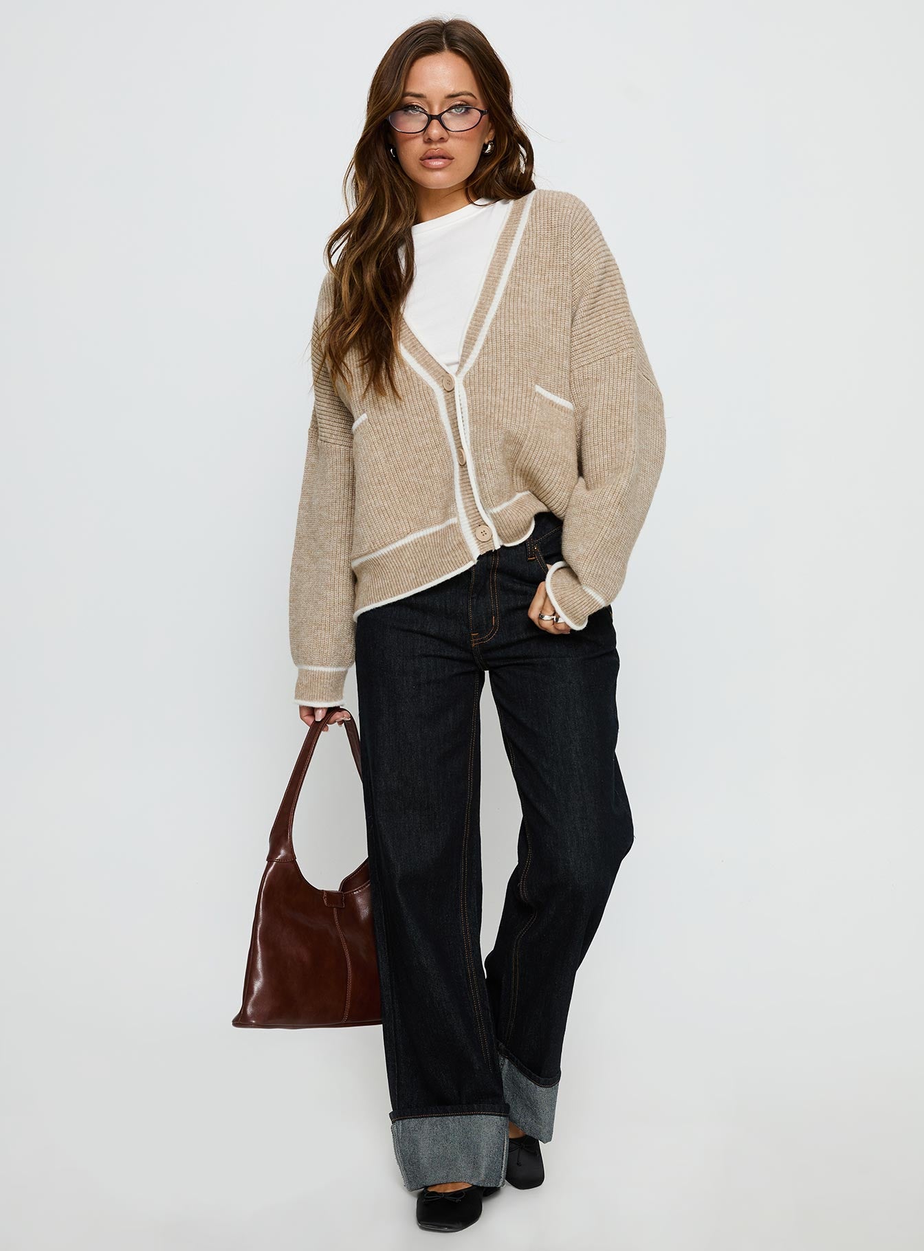 Cressara Contrast Knit Cardigan Beige / White | Princess Polly