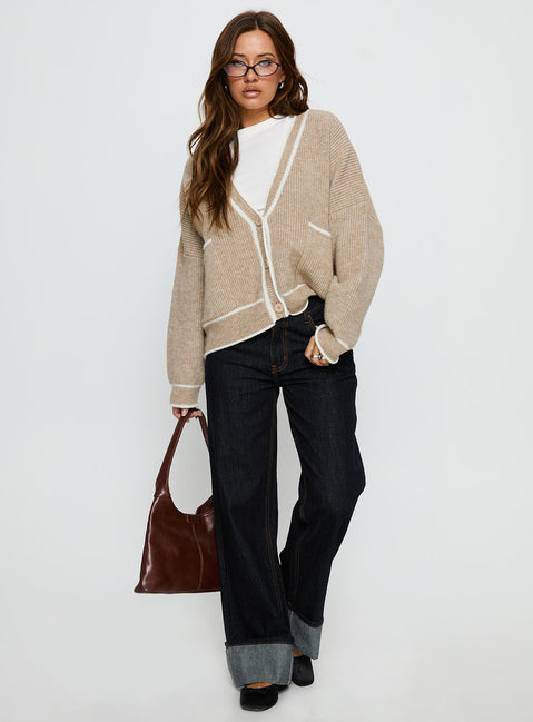 front view of model wearing Princess Polly Cressara Contrast Knit Cardigan Beige / White Cropped Jumpers 