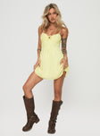 side view of model wearing Princess Polly Tassos Mini Dress Lemon Sweetheart Neckline 