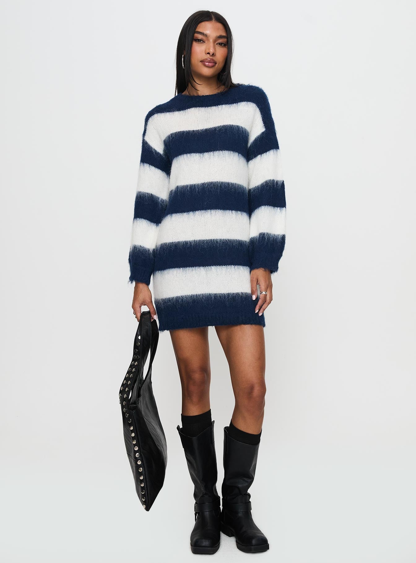 front view of model wearing Princess Polly Iryna Long Sleeve Knit Mini Dress Navy / White Stripe Crew Neck 