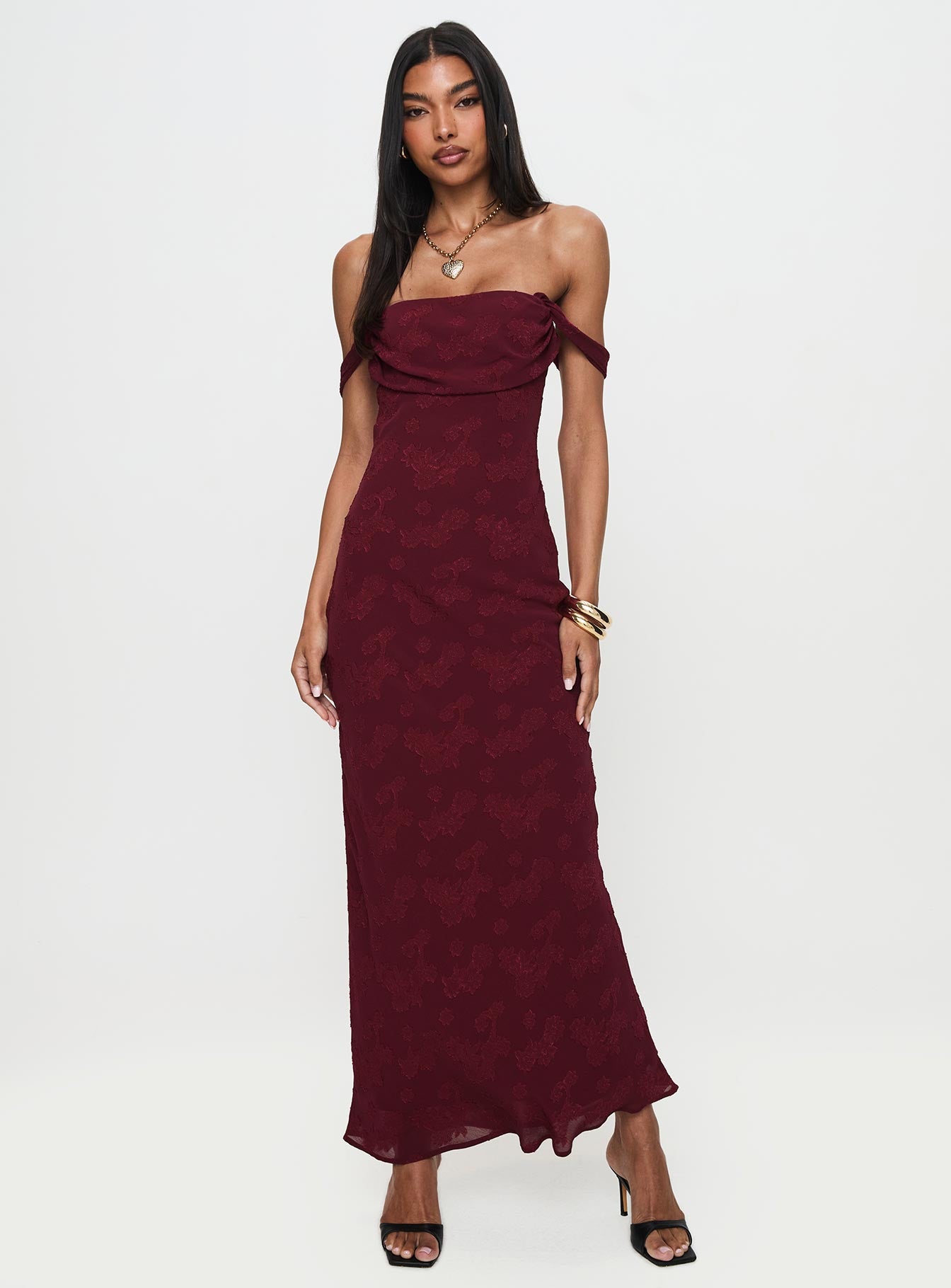 Azura Off The Shoulder Maxi Dress Burgundy | Princess Polly