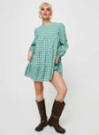 Long sleeve mini dress, check print High neckline, tiered design, elasticated sleeves Non-stretch material, unlined 