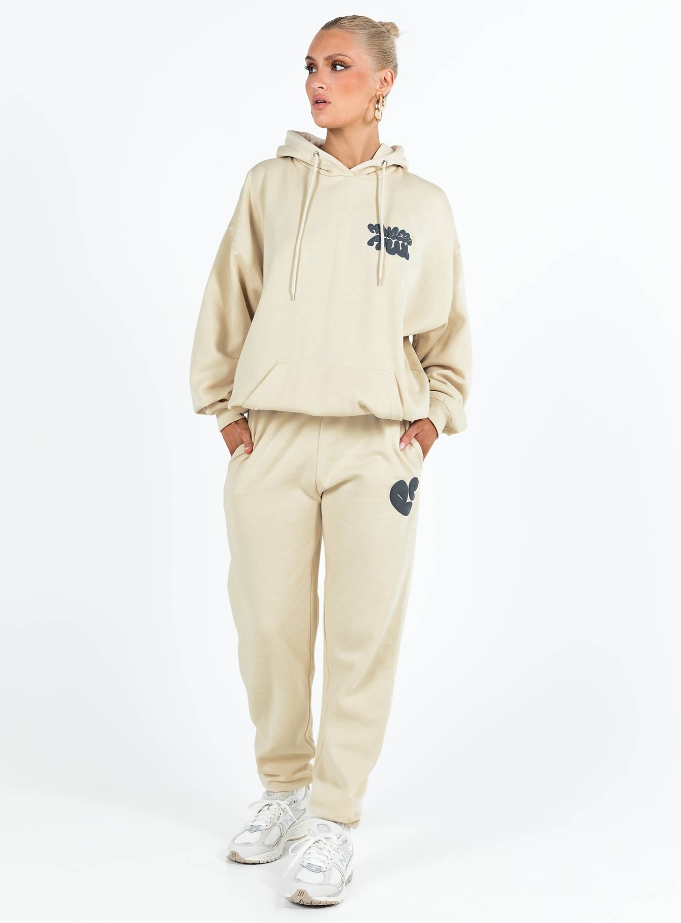 front view of model wearing Princess Polly Princess Polly Hooded Sweatshirt Bubble Text Stone / Slate Long 