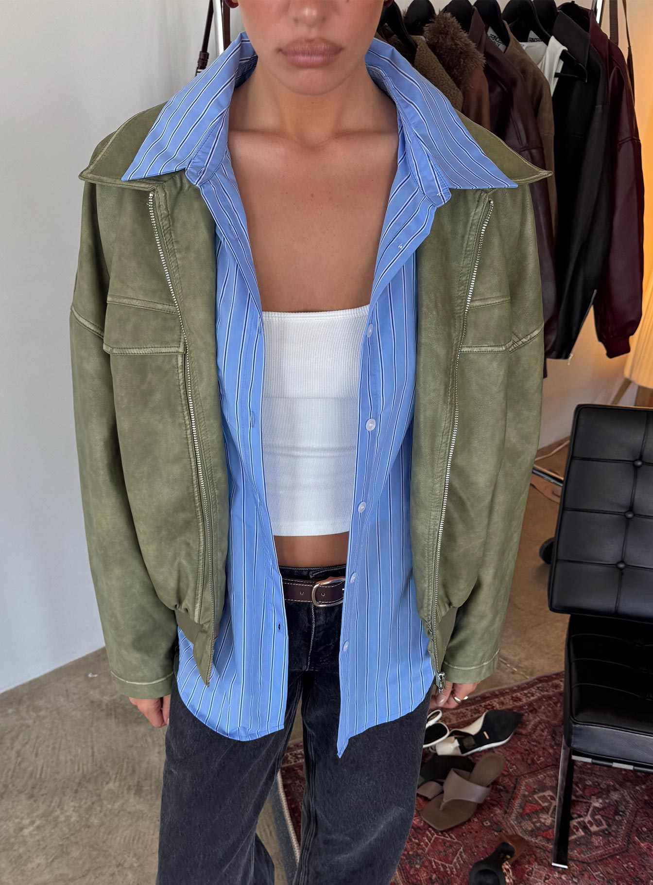 Tanza Faux Leather Jacket Washed Green | Princess Polly