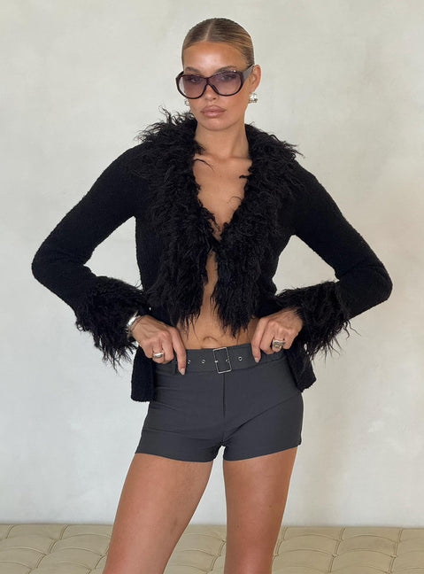 front view of model wearing Princess Polly Sistine Cardigan Black Longline Jumpers 