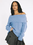 back view of model wearing Princess Polly Parkley Boucle Off The Shoulder Sweater Blue Long 