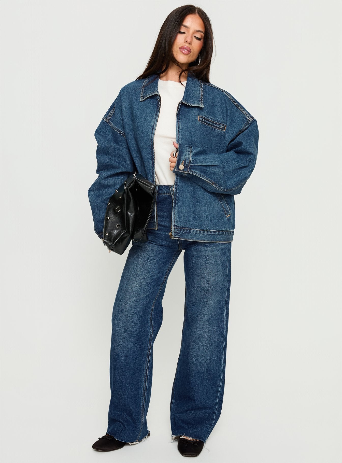 front view of model wearing Princess Polly Fawcett High Rise Straight Leg Jeans Dark Blue Wash High Rise Jeans 