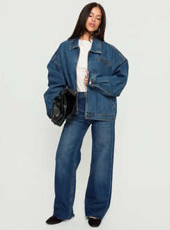 front view of model wearing Princess Polly Fawcett High Rise Straight Leg Jeans Dark Blue Wash High Rise Jeans 