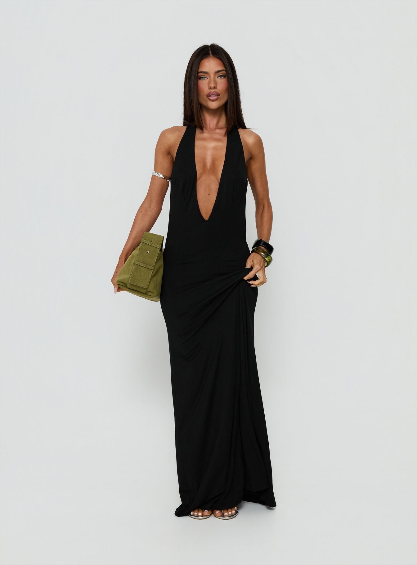 Think About Me Plunge Neck Racerback Maxi Dress Black