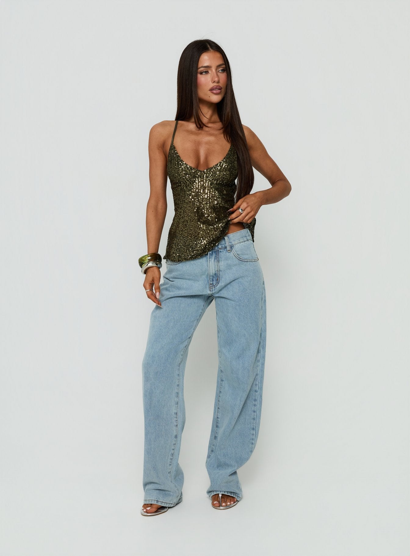 Opaline Sequin Cami Top Green | Princess Polly