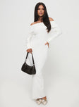 front view of model wearing Princess Polly Celestara Off The Shoulder Maxi Dress White Straight Neck 