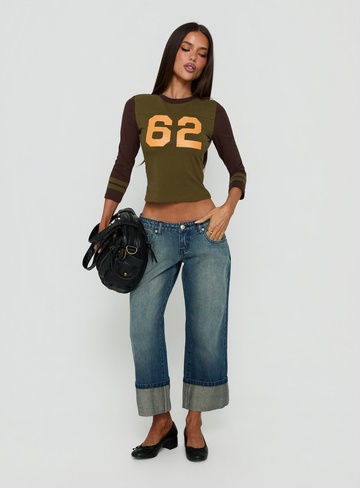 62 Varsity Long Sleeve Graphic Top Khaki Multi