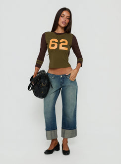62 Varsity Long Sleeve Graphic Top Khaki Multi