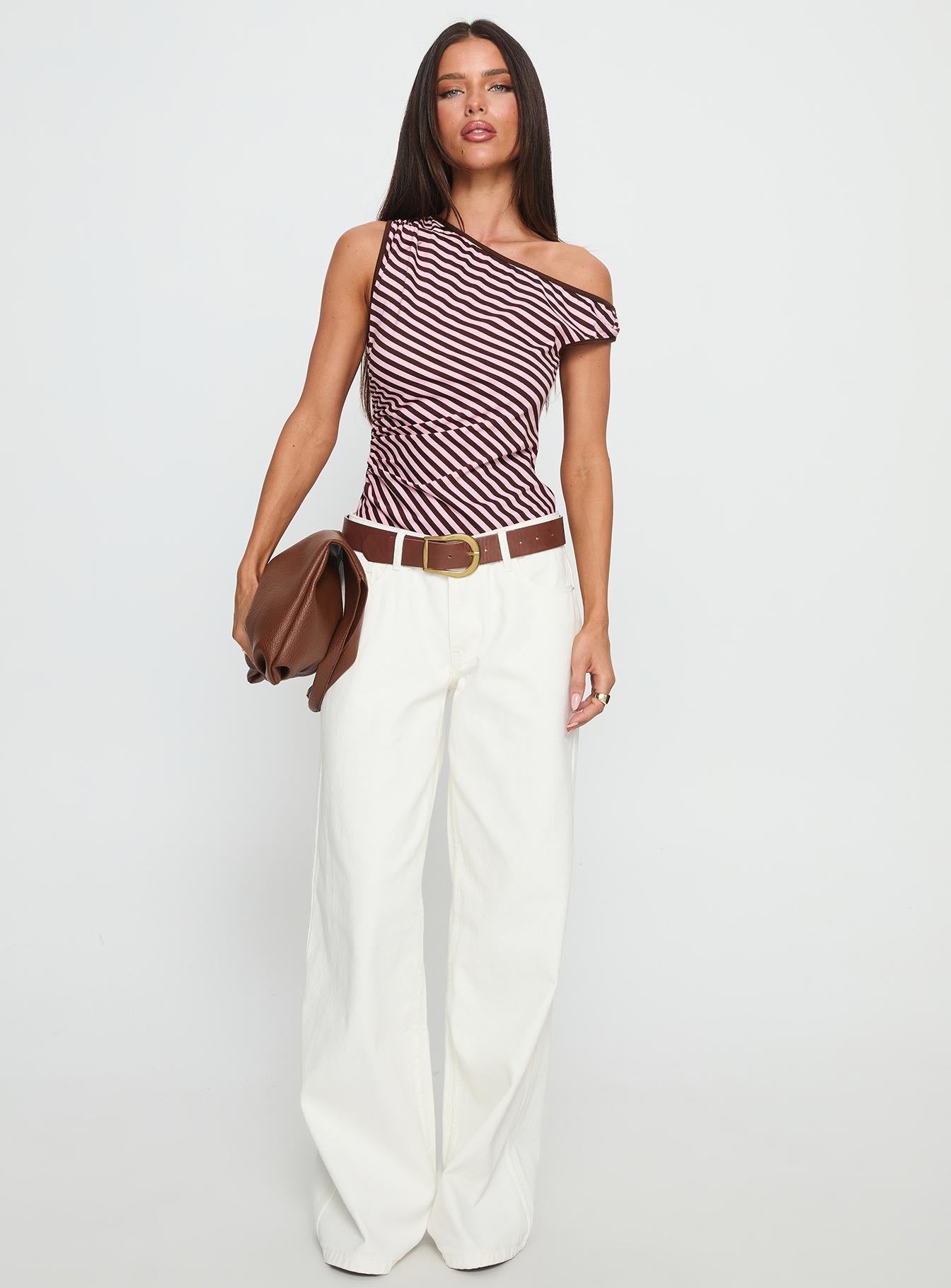 front view of model wearing Princess Polly Ayviana One Shoulder Bodysuit Pink / Brown Stripe Sleeveless 