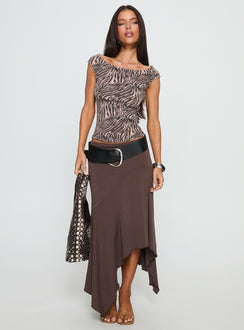   front view of model wearing Princess Polly Futura Asymmetrical Midi Skirt Chocolate Maxi Skirts 
