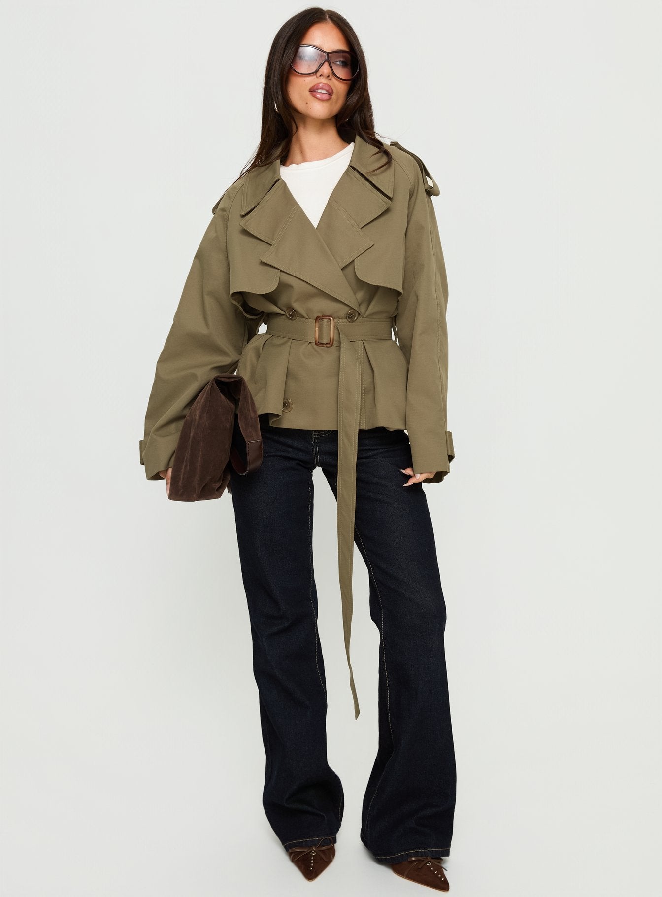 Eldora Cropped Trench Coat Green | Princess Polly