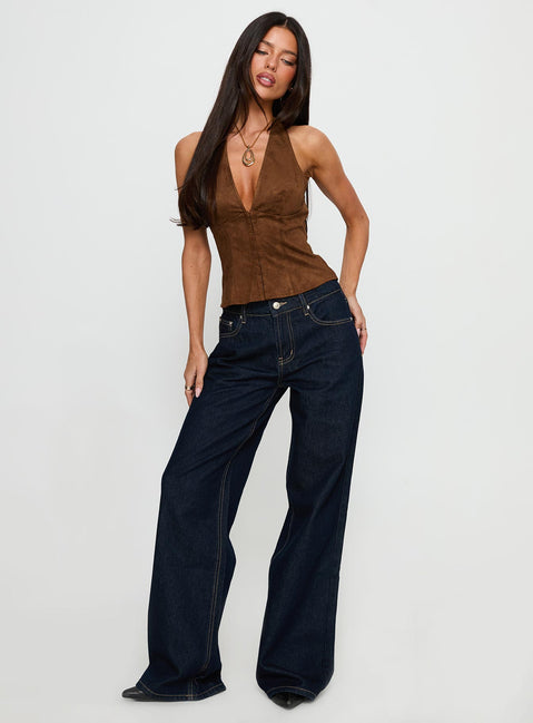 front view of model wearing Princess Polly Favourite Reference Mid Rise Straight Leg Jeans Dark Indigo Mid Rise Jeans 