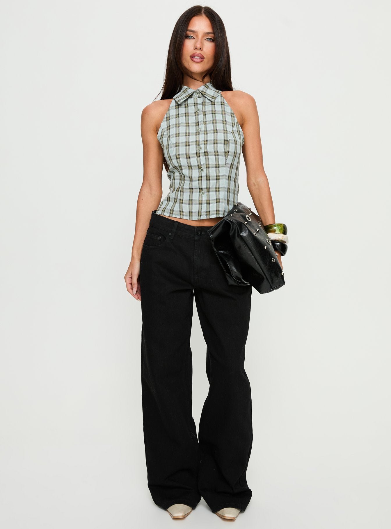 front view of model wearing Princess Polly Serenitia Mid Rise Relaxed Jeans Jet Black Mid Rise Jeans 