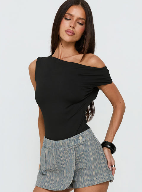 back view of model wearing Princess Polly Back To Back Off Shoulder Twist Back Bodysuit Black Short Sleeve 