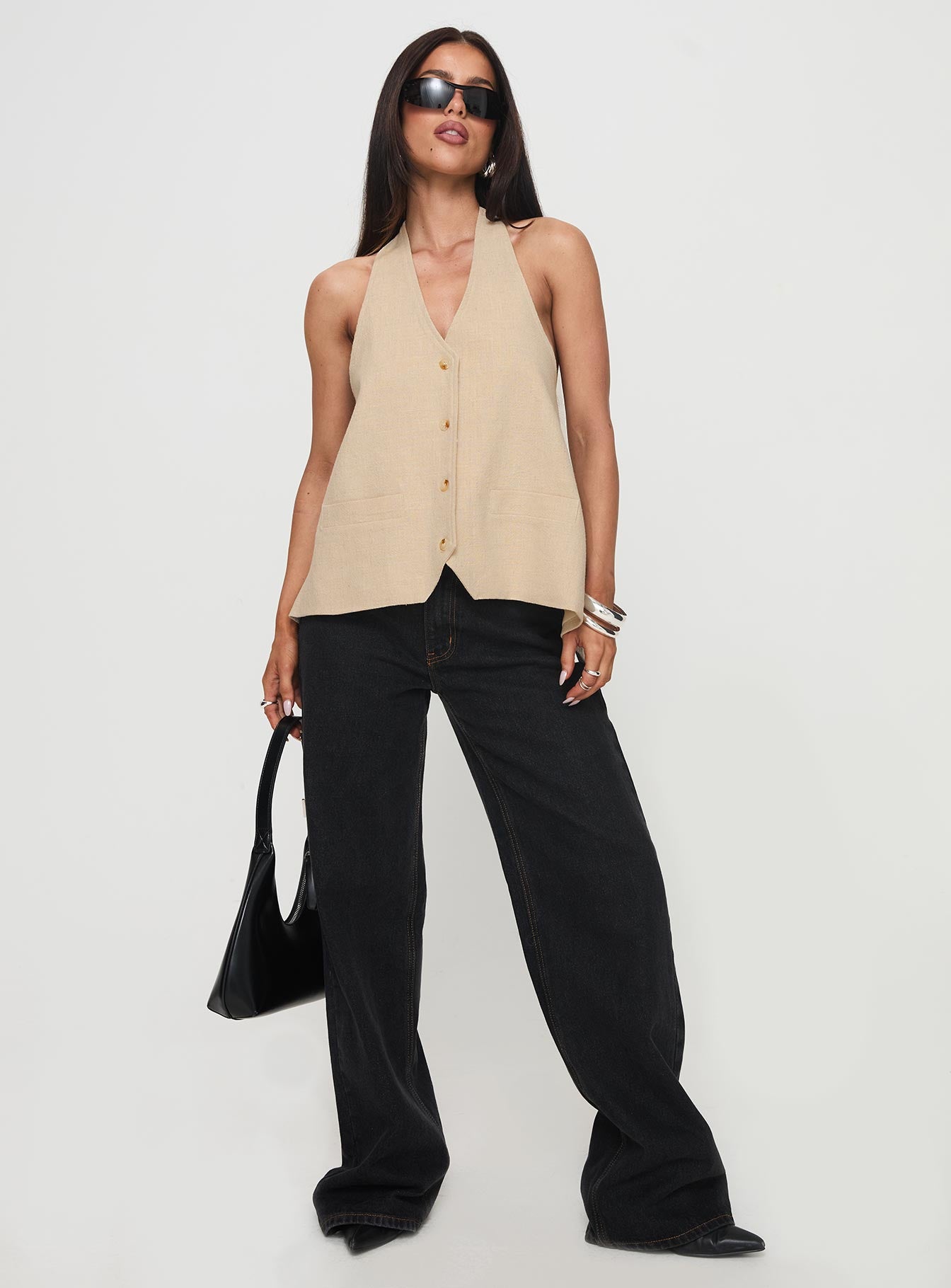 front view of model wearing Princess Polly Hills Halter Oatmeal Sleeveless V-Neck 