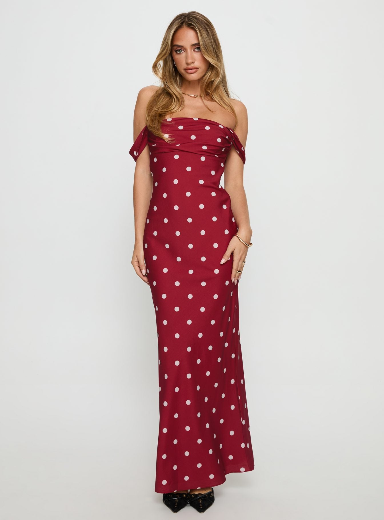 End Credits Off Shoulder Pleat Maxi Dress Red | Polka Dot | Red | Polka Dot | Womens | Princess Polly End Credits Off Shoulder Pleat Maxi Dress Red | Polka Dot | Red | Polka Dot | Womens | Princess Polly