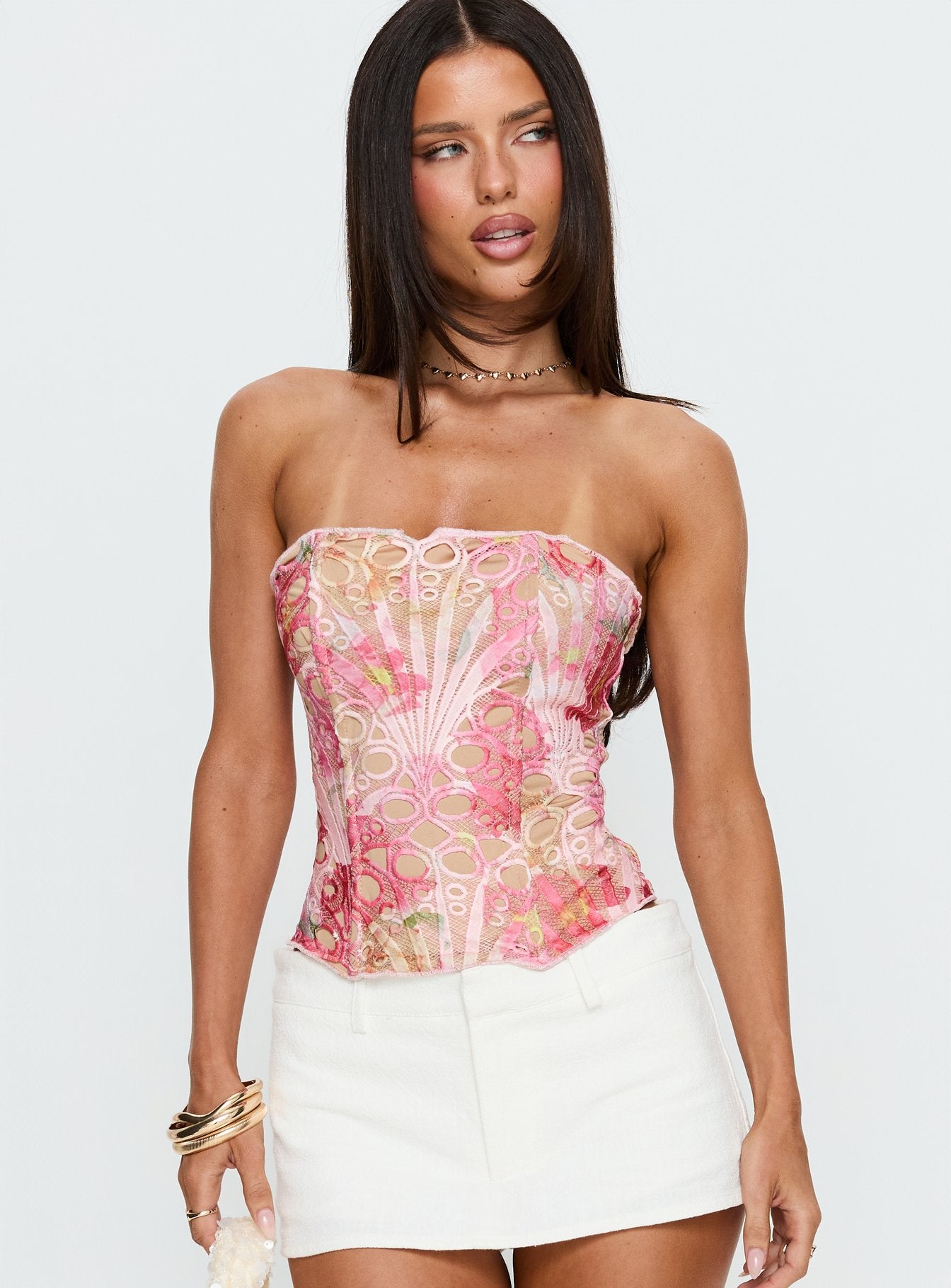 Raynelle Strapless Tie Back Corset Top Pink Multi | Princess Polly