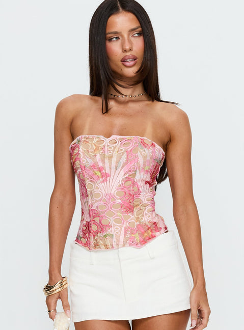 Raynelle Strapless Tie Back Corset Top Pink Multi