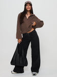 front view of model wearing Princess Polly Hertford Zip Through Knit Sweater Brown 