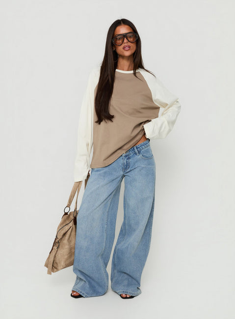 Settle Down Long Sleeve Raglan Top Beige Multi