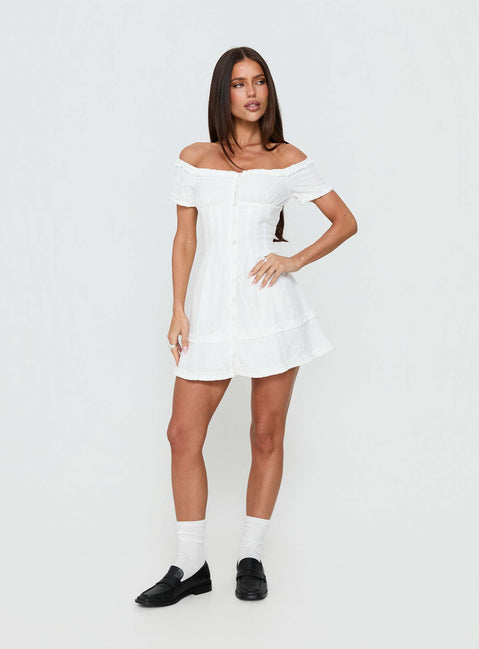 Zoela Off Shoulder Ruffle Mini Dress | White | Womens | Princess Polly Zoela Off Shoulder Ruffle Mini Dress | White | Womens | Princess Polly