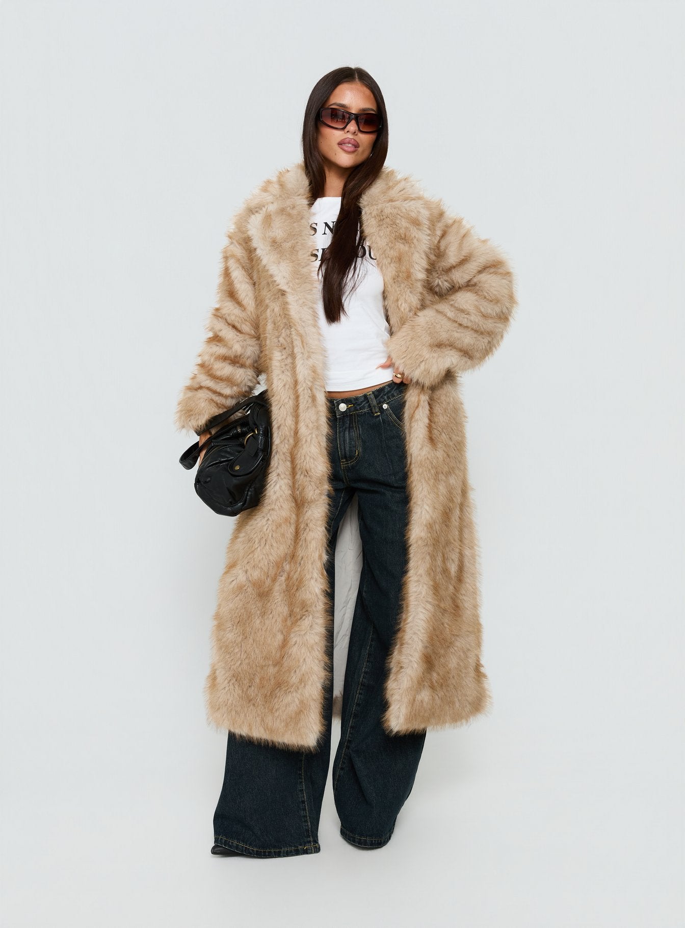 End Of Beginning Faux Fur Longline Jacket Beige | Princess Polly