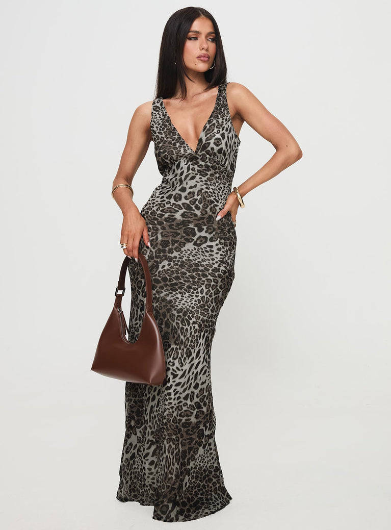 front view of model wearing Princess Polly Nellie Maxi Dress Leopard High Neck 