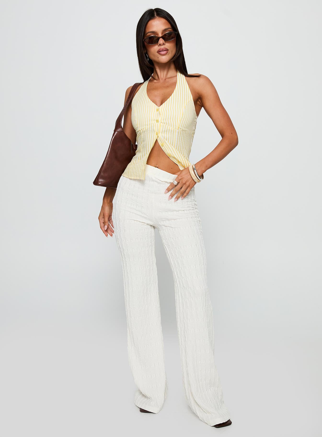 front view of model wearing Princess Polly Leisure State Knit Pant White High Waisted Pants 
