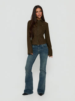 Kelehan Long Sleeve Faux Suede Zip Front Jacket Khaki